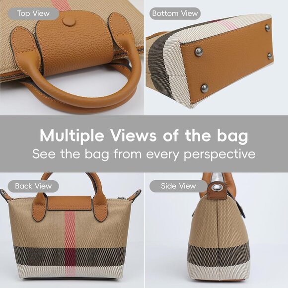 Designer Women's Structured Plaid Handbag: Leather Trim & Adjustable Strap - Picture 7 of 8